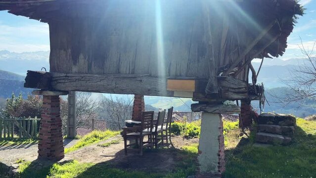 An Asturian traditional granary or "horreo" in the original language. Location: Cofino, Asturias, Spain