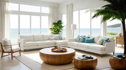 Luxury beach house. home interior space living room. sofa on wooden floor with ocean seaside blue sky view, sea beach, summer freshness travel season window view house design style