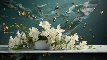 An expanse of emerald-green marble glistens with white lilies and scattered gold flakes. Wedding, jewel, gem, diamond, ceremony, glamour.  - obrazy, fototapety, plakaty