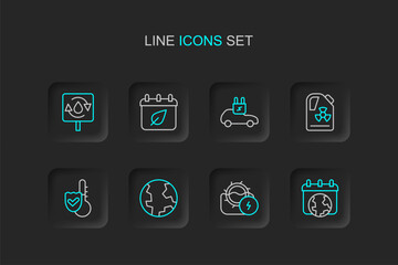 Set line World Earth day, Water mill, globe, Thermometer, Radioactive waste in barrel, Electric car, Calendar with autumn leaves and Recycle clean aqua icon. Vector