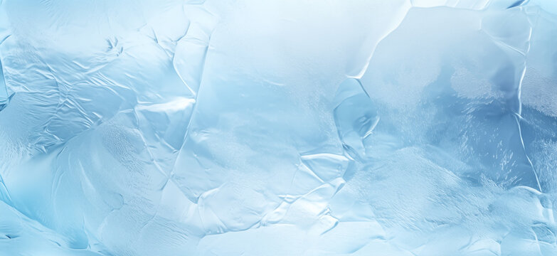 Ice texture background. The textured cold frosty surface of ice block on blue background.