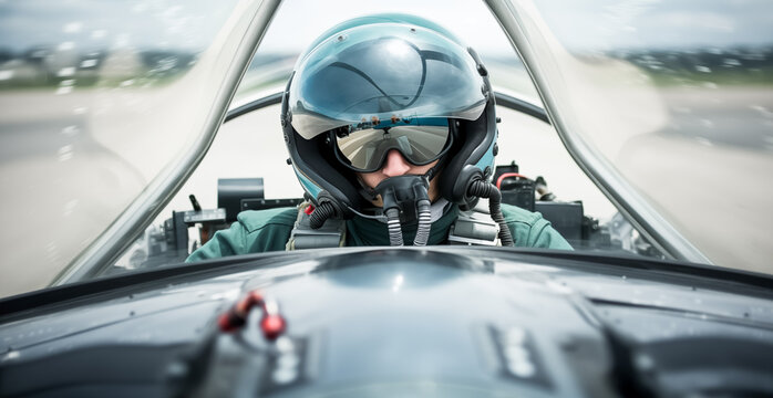 Fighter pilot cockpit view.  Fighter Pilot in flight wearing flying helmet, dark visor and oxygen mask 