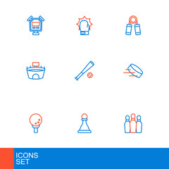 Set line Bowling pin, Chess, Golf ball on tee, Hockey puck, Stadium, Baseball bat with, Sport expander and Punch boxing gloves icon. Vector