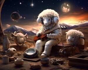 Sheep Exo-musicologist collecting alien musical artifacts - obrazy, fototapety, plakaty