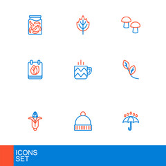 Set line Umbrella and rain drops, Winter hat, Corn, Leaf, Calendar with autumn leaves, Cup of tea, Mushroom and icon. Vector