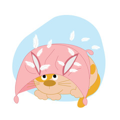 Cute cat plays with a pillow and feathers. Damage to home interior by animals. Flat illustration