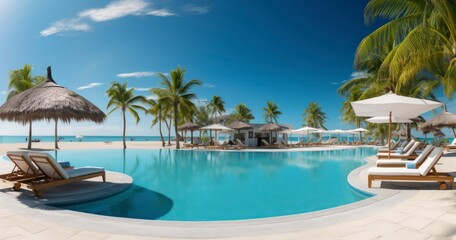 Fototapeta na wymiar Coastal Elegance - Luxurious swimming pool and loungers umbrellas near beach and sea with palm trees and blue sky. Generative AI