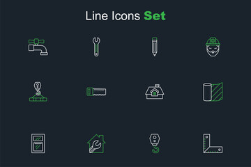 Set line Corner ruler, Crane hook, House with wrench spanner, Hammer and, Wallpaper, Hand saw and icon. Vector