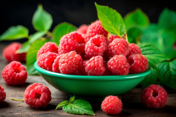 Plate of juicy ripe red raspberries on the table