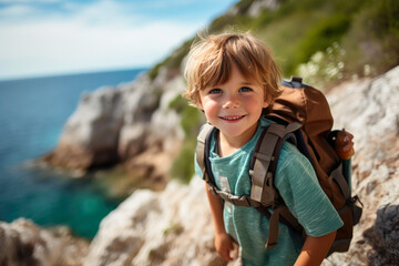 Curious Young Hiker by the Rocky Sea Coast in Summertime