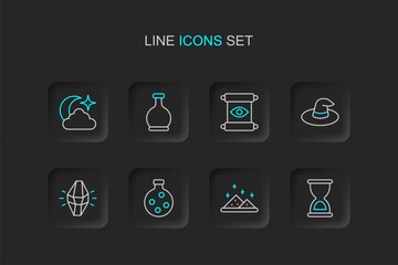 Set line Old hourglass, Magic powder, Bottle with potion, stone, Witch hat, scroll, and Moon and stars icon. Vector