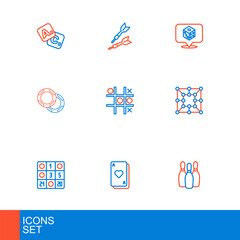 Set line Bowling pin, Playing cards, Bingo, Board game, Casino chips, Tic tac toe, Game dice and Dart arrow icon. Vector