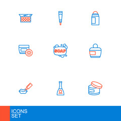 Set line Cream or lotion cosmetic tube, Bottle of nail polish, Lip augmentation, Sunscreen cream in, Bar soap, Deodorant roll and icon. Vector