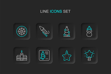 Set line Christmas star, postcard, Church building, Santa Claus hat and beard, tree, Firework rocket and Snowflake icon. Vector