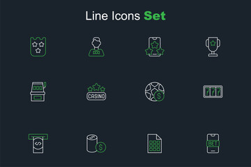 Set line Online sports betting, Lottery ticket, Casino chip with dollar, Automated teller machine and money, Slot jackpot, Football, signboard and icon. Vector