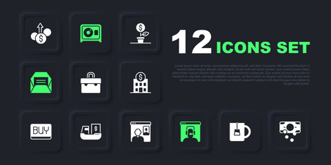 Set Cup of tea, Stacks paper money cash, Briefcase, Telephone 24 hours support, Envelope, Cargo ship with boxes delivery, Safe and Video chat conference icon. Vector