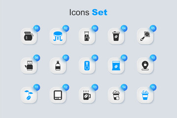 Set Iced coffee, Milk bottle, Coffee table, beans, cup to go, Location with, pot and thermometer icon. Vector