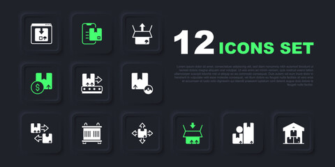Set Carton cardboard box, Full warehouse, Conveyor belt with, Container, Document tracking marker and icon. Vector