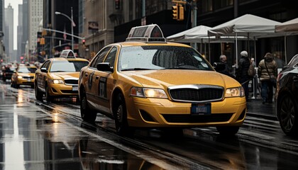 Yellow cabs in motion blur on bustling nyc street, vibrant color tones, 16k super quality