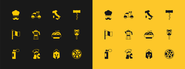 Set Wine corkscrew, Roman army helmet, Pasta spaghetti, Coffee maker moca pot, Map Italy, Italian cook and Scooter icon. Vector