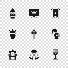 Set Medieval helmet, goblet, axe, flag, Castle tower, King crown and icon. Vector - obrazy, fototapety, plakaty