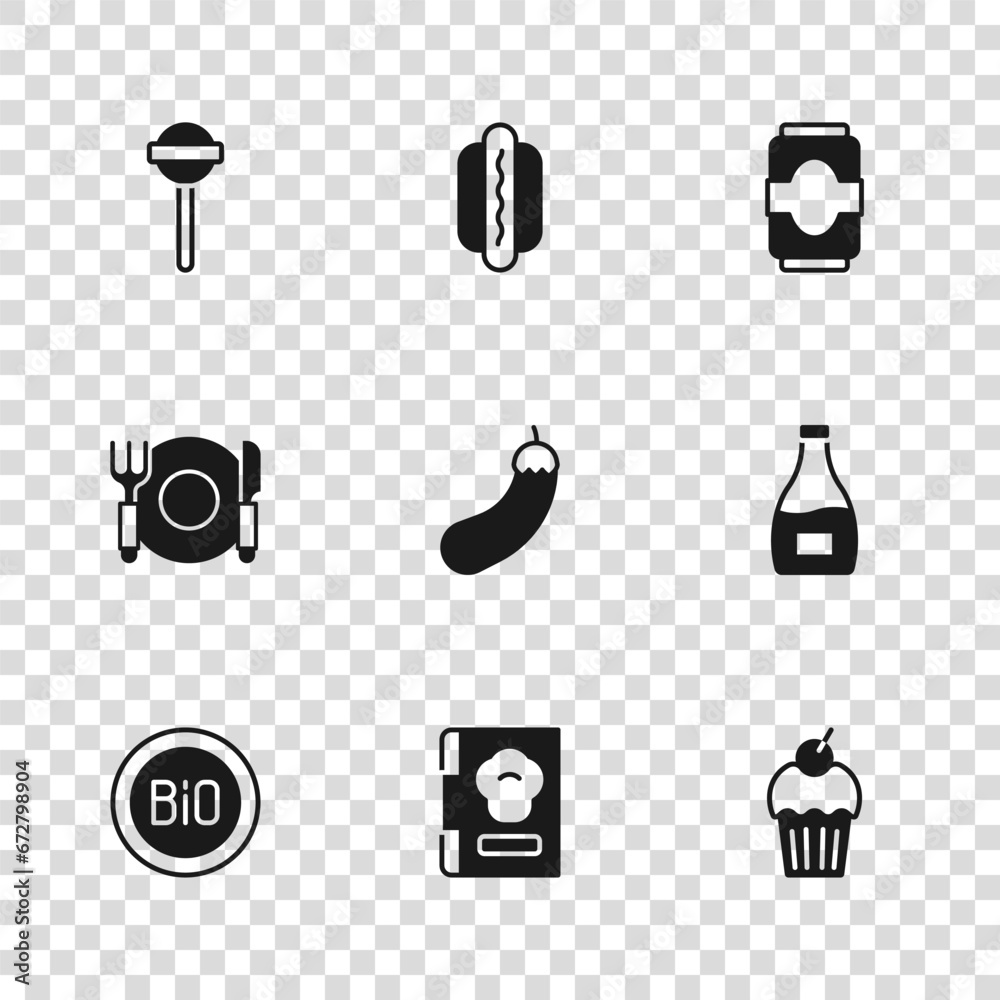 Wall mural Set Cookbook, Sauce bottle, Muffin, Eggplant, Soda can, Lollipop, Hotdog and Plate, fork and knife icon. Vector