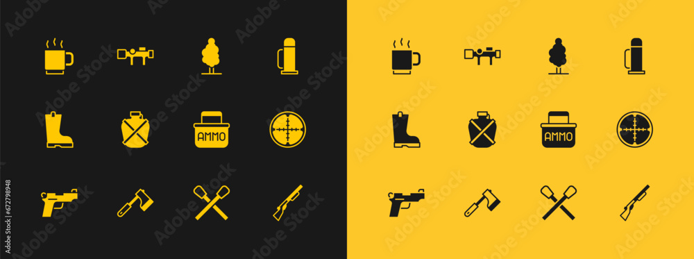 Sticker Set Thermos container, Wooden axe, Ammunition box, Burning match with fire, Canteen water bottle, Tree, Coffee cup and Sniper optical sight icon. Vector