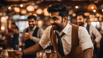 South Asian Man Bartending in a Bar Wearing a Brown Vest 