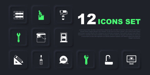 Set Washbasin, Worker safety helmet, Paint bucket, Adjustable wrench, Wrench spanner, Screwdriver, with brush and icon. Vector