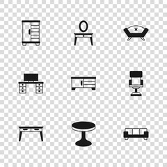 Set Round table, Office chair, Sofa, TV stand, Wardrobe, Dressing and desk icon. Vector