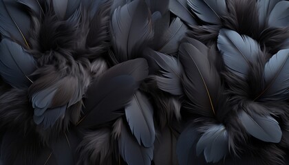 Detailed black feathers texture background  high resolution digital art with large bird feathers - obrazy, fototapety, plakaty
