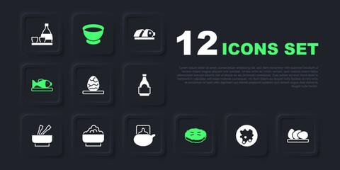 Set Rice in a bowl, Chicken egg, Chinese tea, Homemade pie, Served fish on plate, Soy sauce and Traditional ceremony icon. Vector