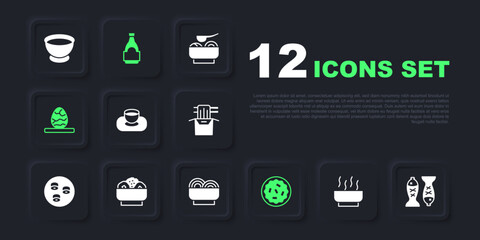 Set Ramen soup bowl, Served fish on plate, Soy sauce in, Homemade pie, Chinese tea egg, Chow mein, bottle and Asian noodles icon. Vector