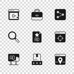 Set Consumer product rating, Target financial goal, Infographic of city map, Advertising, Share, Video advertising, Briefcase and Magnifying glass icon. Vector