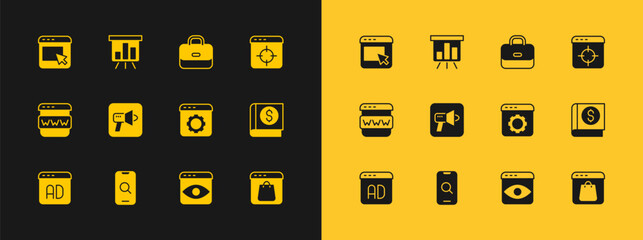 Set Target financial goal, Magnifying glass and mobile, Browser setting, Personal information collection, Megaphone, Briefcase, Advertising and Board with graph chart icon. Vector