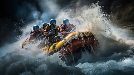 The Thrill of Teamwork in White Water Rafting Expeditions. Generative AI - obrazy, fototapety, plakaty
