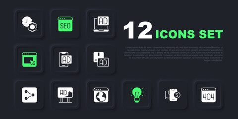 Set Mobile with dollar, Page 404 error, Advertising, Light bulb, SEO optimization and Worldwide icon. Vector