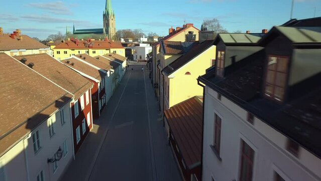 Aerial view of old historical Linkoping city in Sweden. European architecture in Scandinavian town