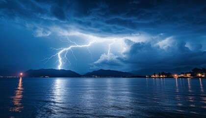 Captivating lightning bolt illuminating sea horizon with brilliance and mesmerizing electric blue.