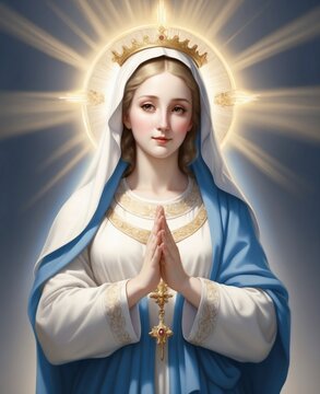Image of 'Our Lady' with halo of divine light and with hands in prayer position.