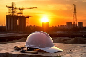 Fototapeta na wymiar construction helmet against the background of a construction site. generative ai.