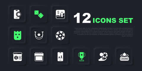Set Hand holding casino chips, Casino signboard, Horseshoe, poker trophy cup, Lottery ticket, Calendar, Game dice and Online sports betting icon. Vector