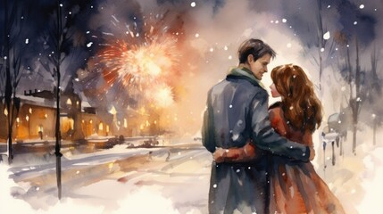 Romantic couple street celebrate Xmas together. Watercolor illustration. Merry Christmas art card. New year holiday greeting postcard. Colorful dreamy design. Hand drawing style. Firework background.