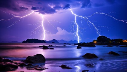 Awe inspiring lightning bolt dramatically illuminating the dark sky above the enchanting sea horizon