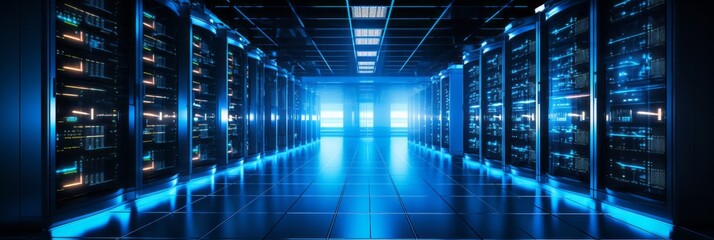 Modern data center state of the art server racks emitting a captivating soft blue glow