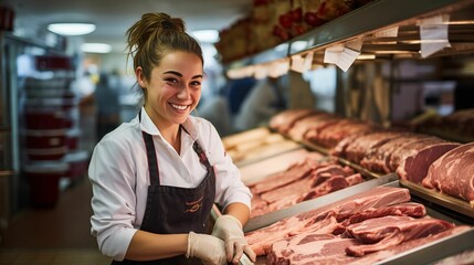 Image of a woman butcher at work in a butcher shop.