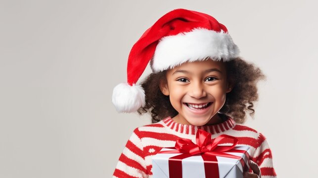 Image of a young girl, dressed in a Santa Claus sweater and hat.