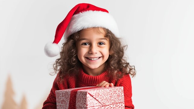 Image of a young girl, dressed in a Santa Claus sweater and hat.
