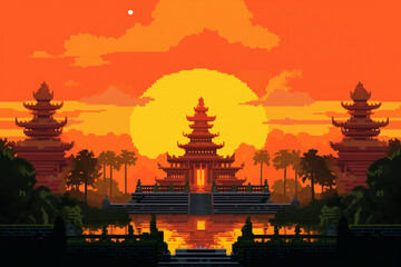Temple, in Retro Video Game Style Pixel Art