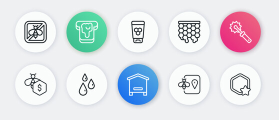 Set line Hive for bees, Cutter roll honey, Sale of, Bee location, Honeycomb, Cosmetic tube with, and Drops icon. Vector